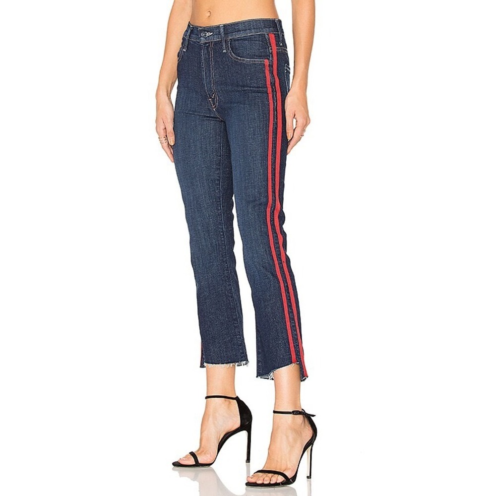 MOTHER The Insider Crop Step Fray Jeans Dark Wash Red Side Stripe Size 27